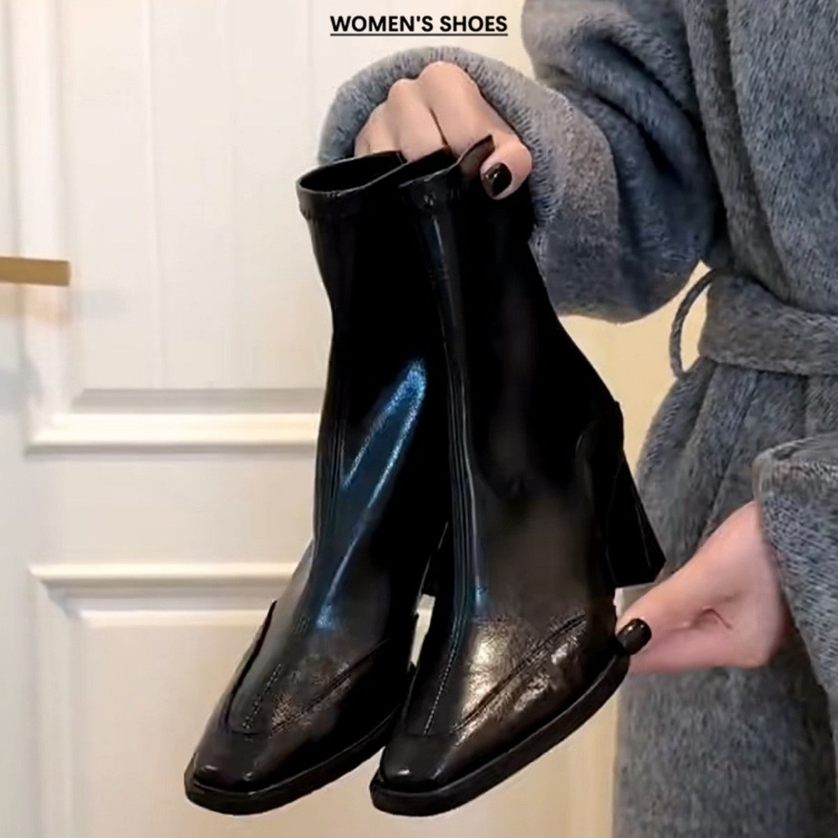 Women's High Square Toe Skinny Short Chunky Women's Leather Boots