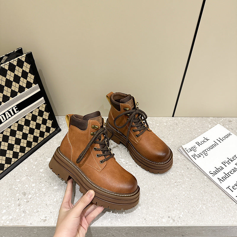 Women's Hiking Climbing Worker Small Thick Bottom Height Women's Leather Boots