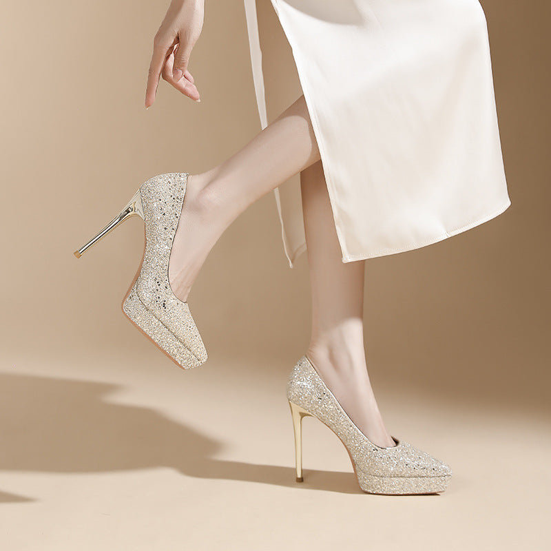 Women's Pointed Stiletto Sequined Waterproof Platform Shallow Mouth Heels