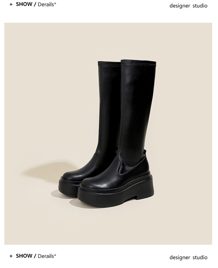Women's Thick Sole Height Increasing Small Below The Knee Leg Women's Leather Boots