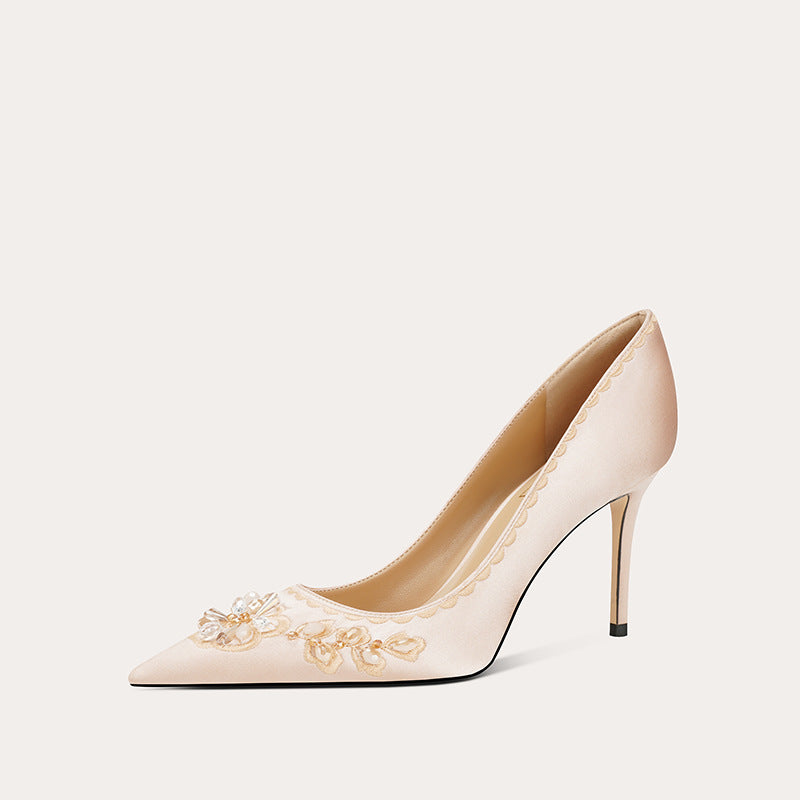 Women's Affordable Luxury High French Style High-grade Elegant Embroidery Sheepskin Stiletto Women's Fashion Shoes