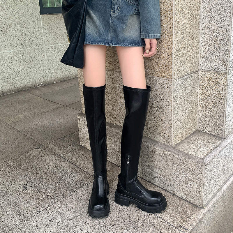 Women's The Knee Big Tube Circumference Slimming Knight Women's Leather Boots
