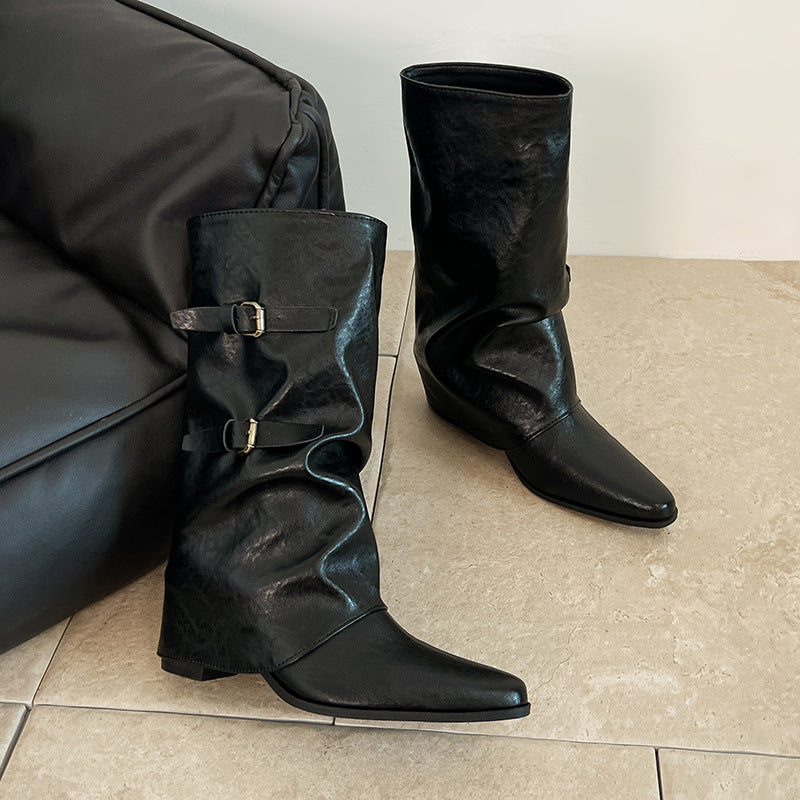Fashionable Pointed Toe Mid Pants Belt Buckle Western Cowboy Middle Women's Leather Boots