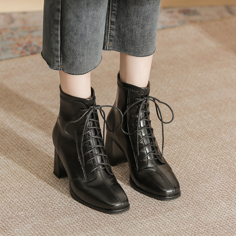 Women's Winter High Simple Square Toe Fashion Chunky Back Zip Women's Leather Boots