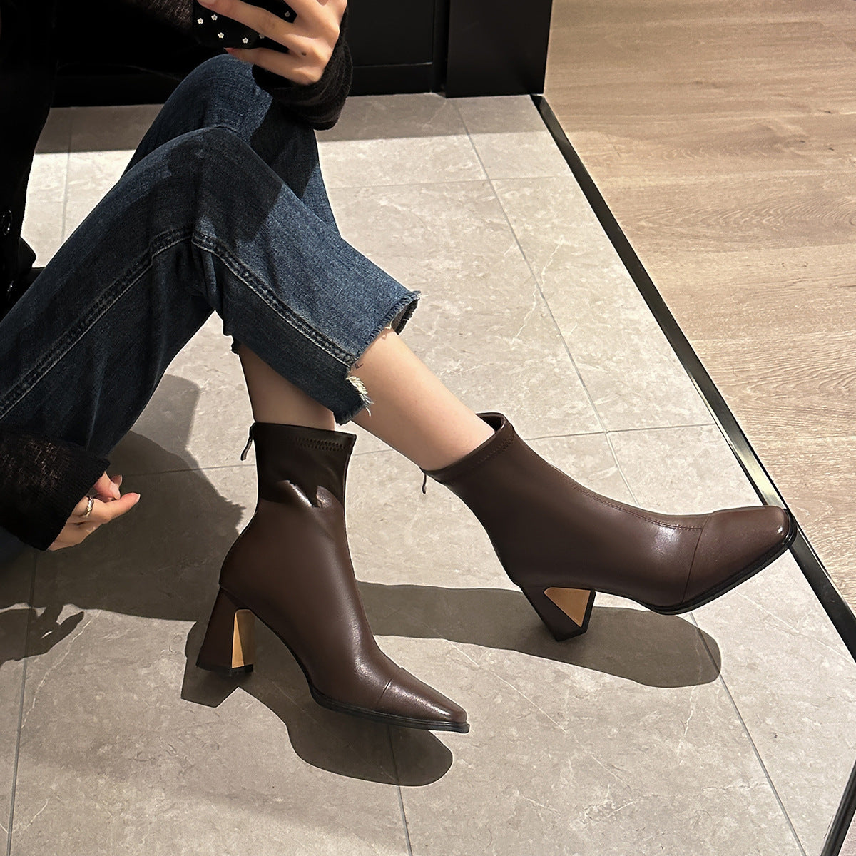 Women's Retro Brown Short For Chunky Square Boots