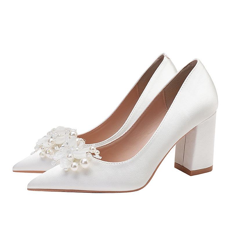 Women's Pearl Decorative Button High Wedding Bride Heels