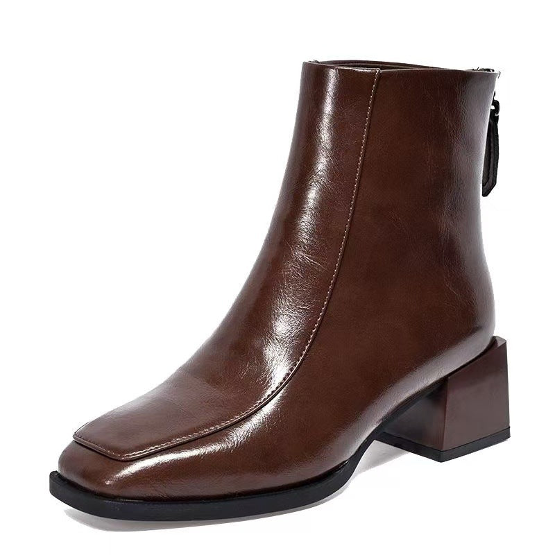 Women's For French Style Square Toe Slimming Stretch Thin British Comfortable Women's Leather Boots