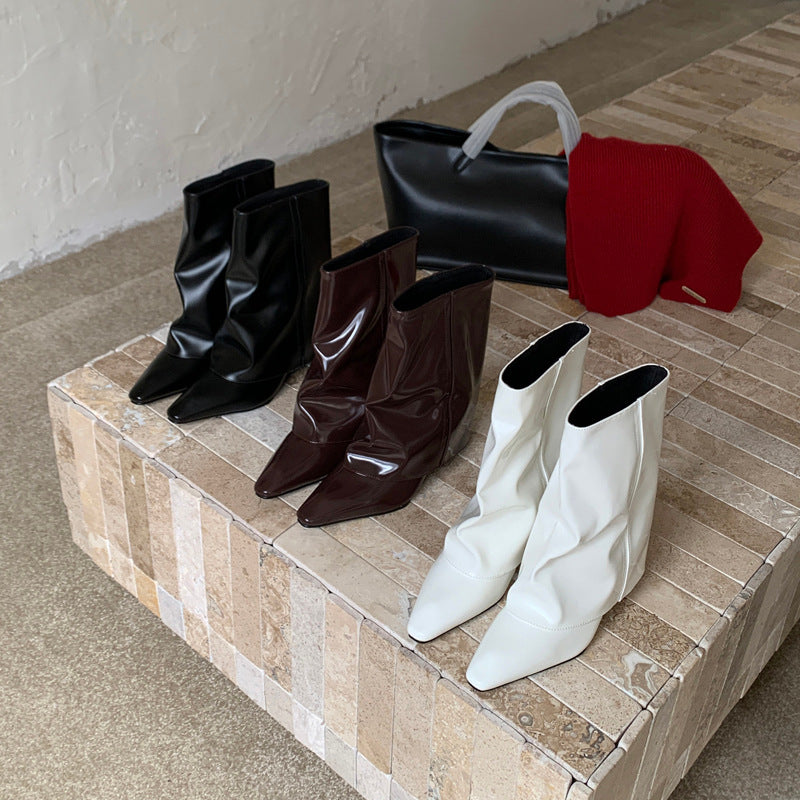 Hot Middle Pantyhose Wedge French Retro Women's Leather Boots