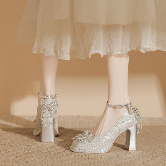 Chunky Flashing Wedding Dress Two-way Wear Not Tired Feet Square Women's Fashion Shoes