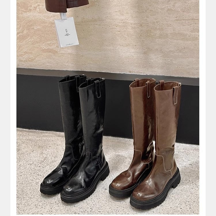 Women's Version High Quality Round Head Thick Bottom Chunky Slimming Long Women's Leather Boots