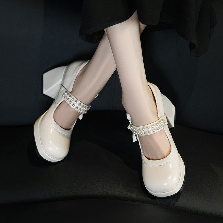 Women's Spring Pearl Strap Mary Jane High Pumps Waterproof Platform Round Women's Fashion Shoes