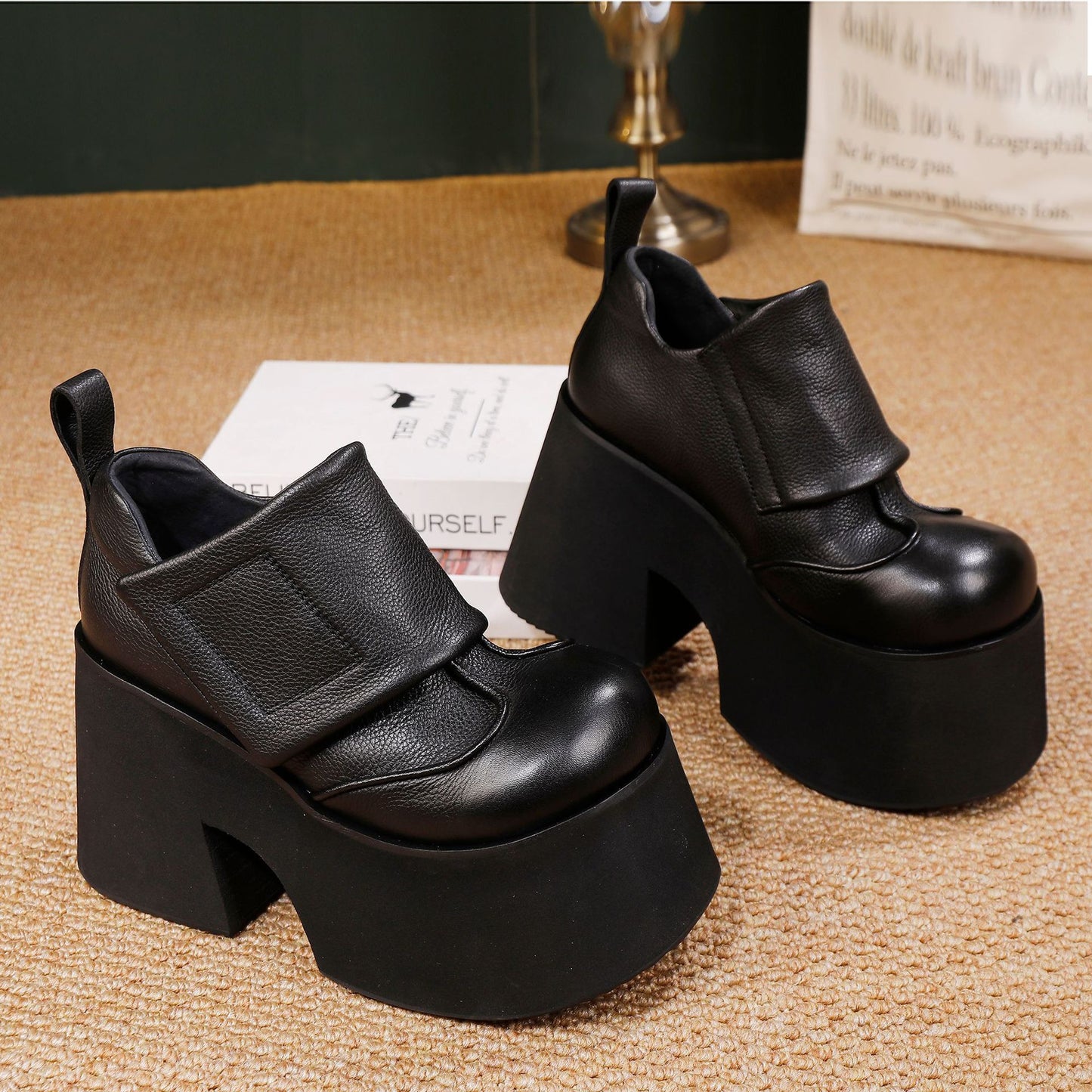 Women's Authentic Platform Pure Cowhide Small Elevator Velcro Deep Women's Fashion Shoes