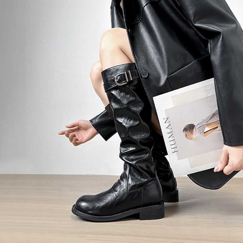 Thick Bottom Riding Plus Size Pleated Soft High Women's Leather Boots