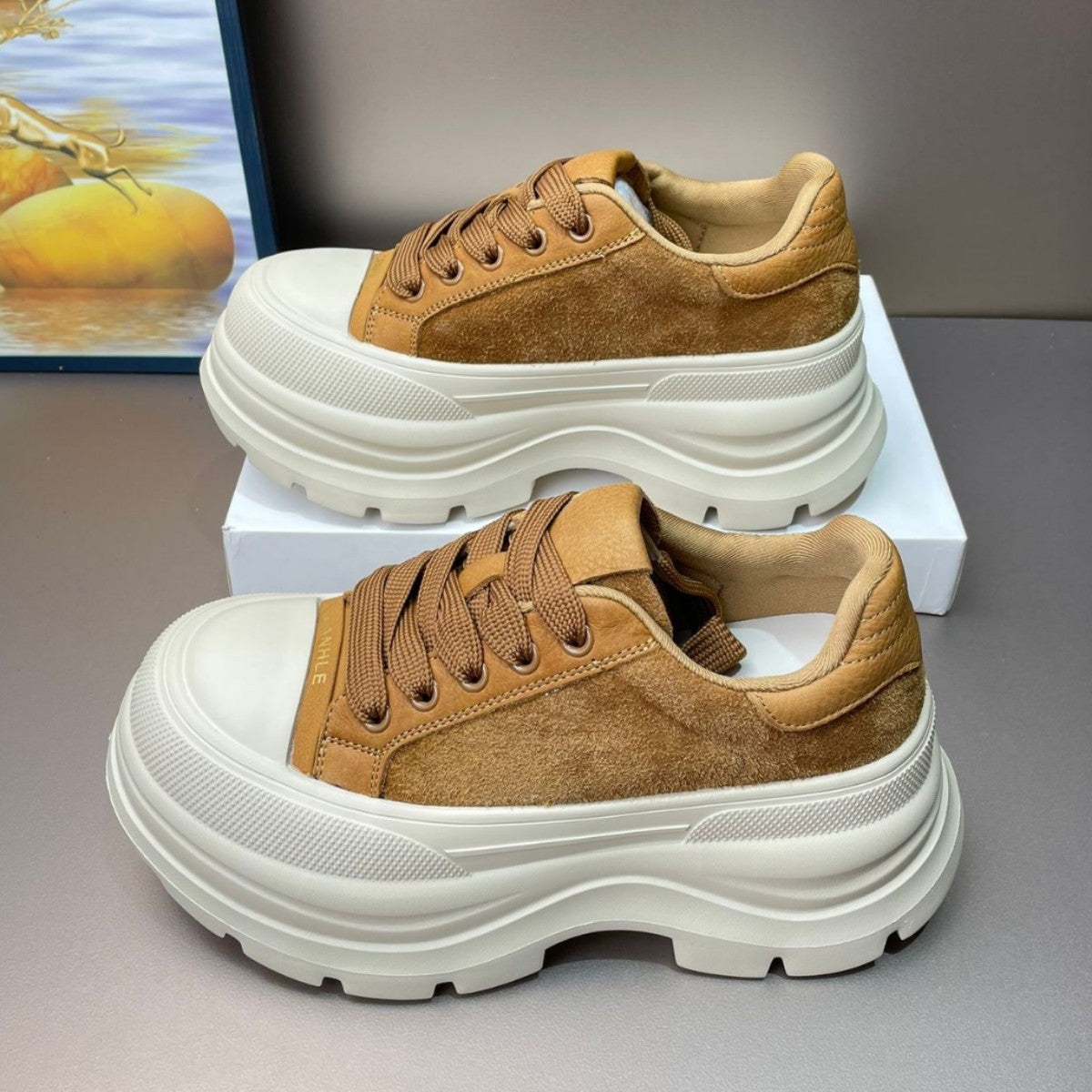 Women's Layer Cowhide Small Thick Bottom Heightened Platform Women's Sports Shoes