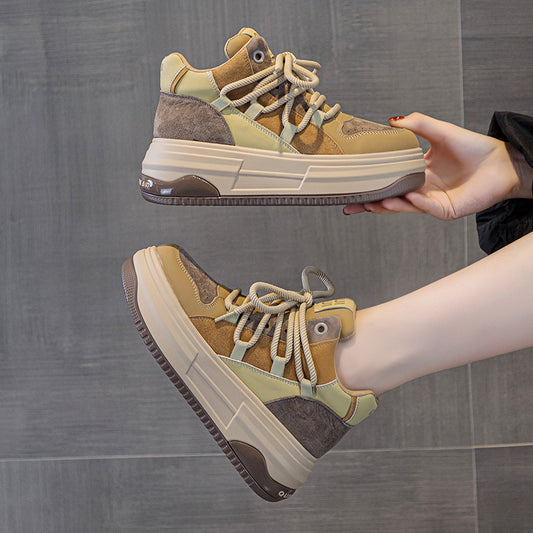 Women's Platform Muffin Height Increasing Insole Matte Cowhide Korean Fashion Sneakers