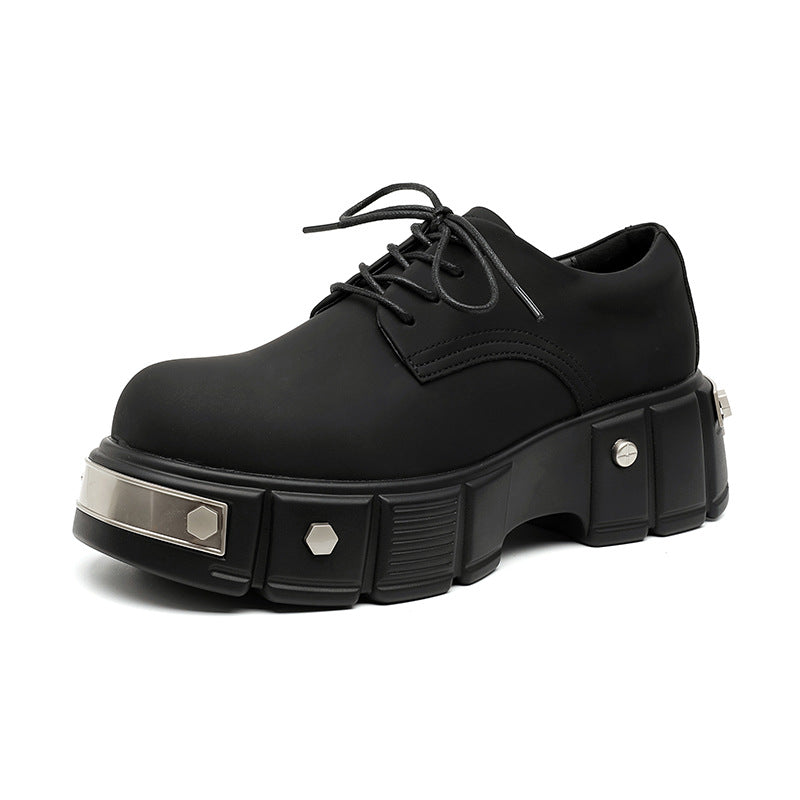 Black Punk Derby Male Advanced Matte Round Leather Shoes