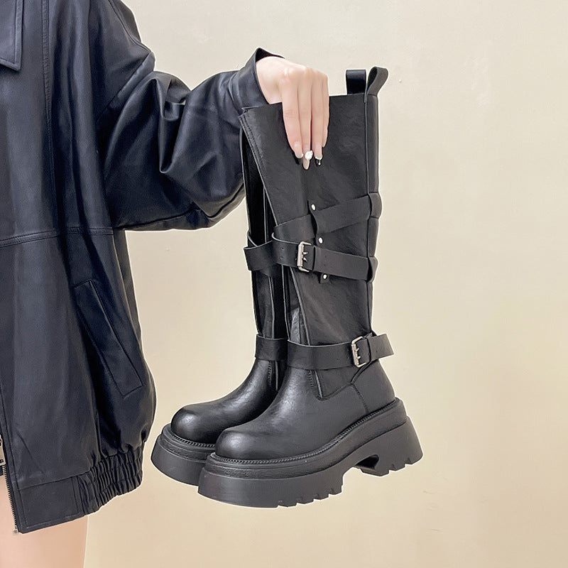 Women's Buckle Motorcycle Autumn Fashion Design Sense Small Thick Bottom Women's Leather Boots