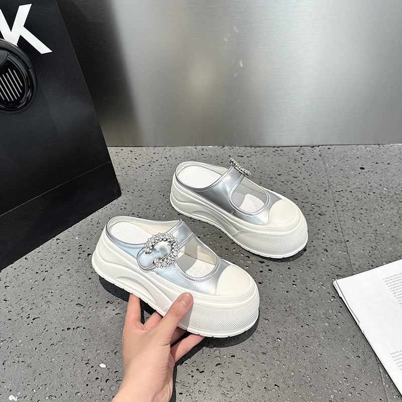 Women's Mary Jane Rhinestone Platform Muffin White Thick-soles Slippers