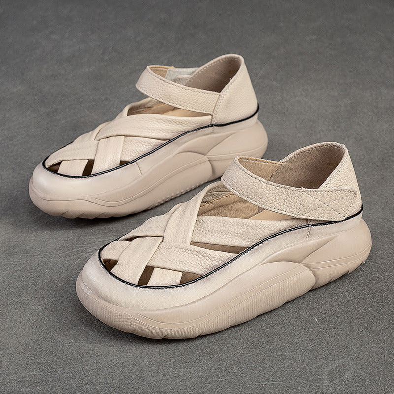 Women's Hollow Velcro Retro Style Polished Top Layer Sandals