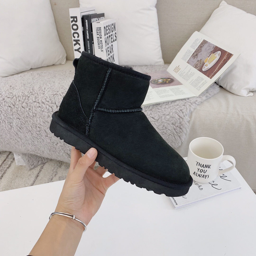 Women's & Men's Sheepskin Fur Slip-on Short Insulated Snow Boots