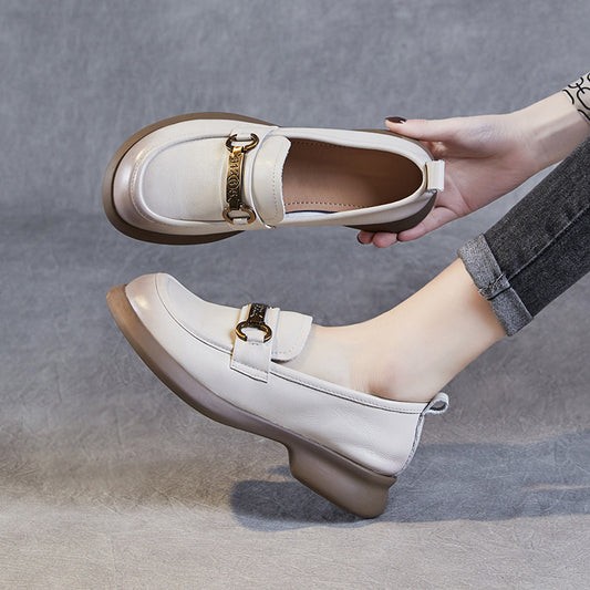 Women's Genuine Spring Slip-on Soft Bottom Cowhide Round Head Loafers