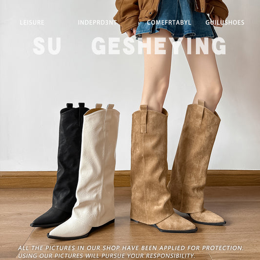 Women's Hot Khaki Chunky Pantyhose Below The Knee Brown Western Cowboy Women's Leather Boots
