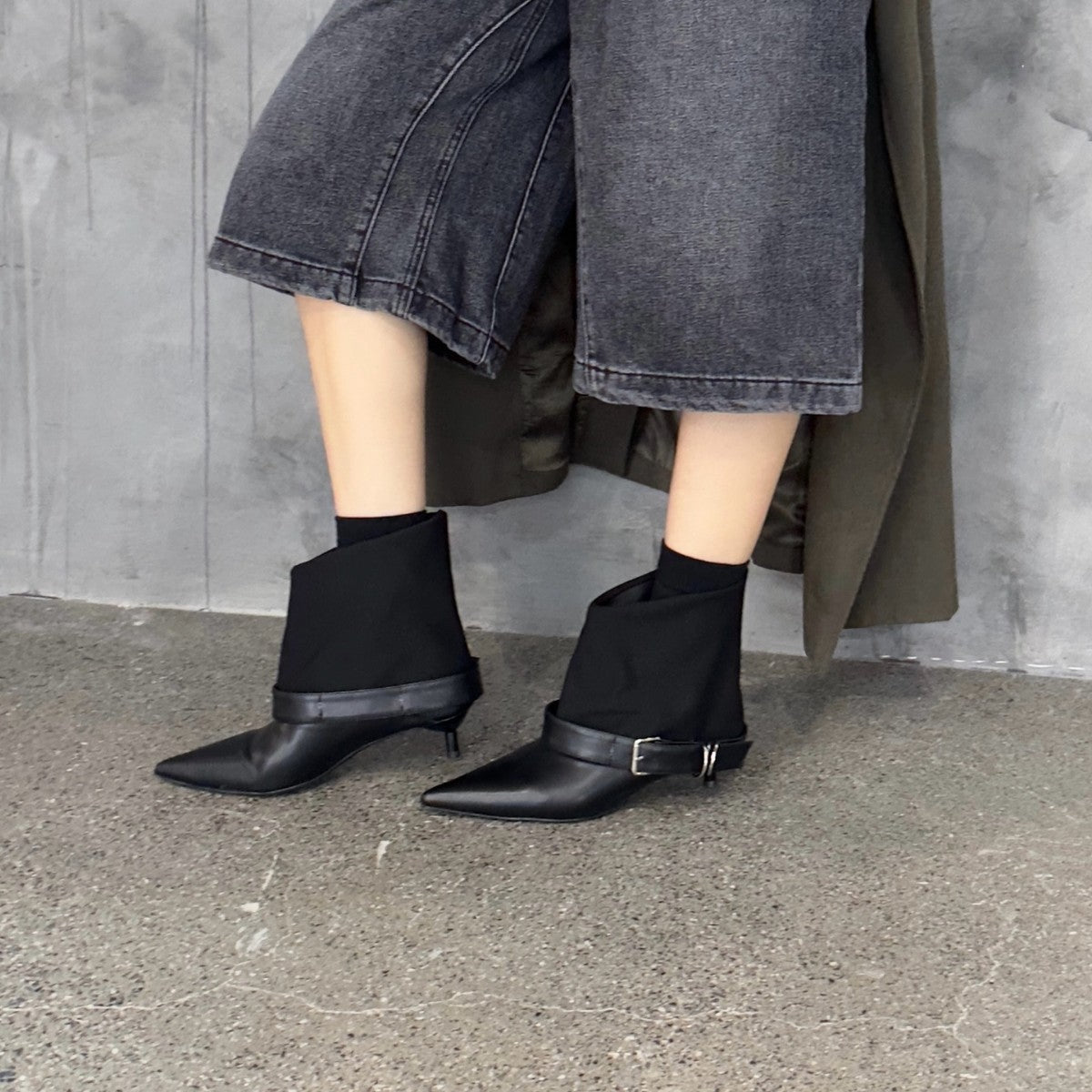 Women's Pointed Toe Belt Buckle Booties Black Thin Martin Heels