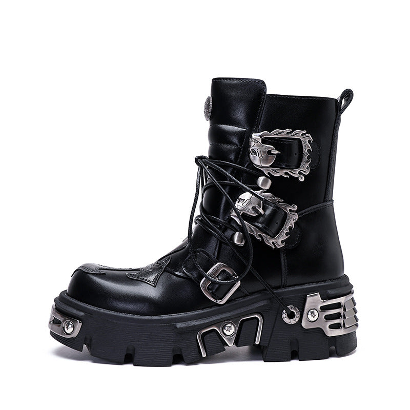 Women's & Men's High Leg Spanish Street Shooting Metal Motorcycle Punk Tooling Boots