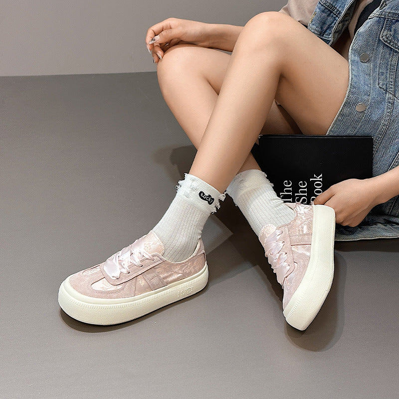 Women's Training For Retro Platform Round Toe Pink Satin Surface Breathable Women's Board Shoes