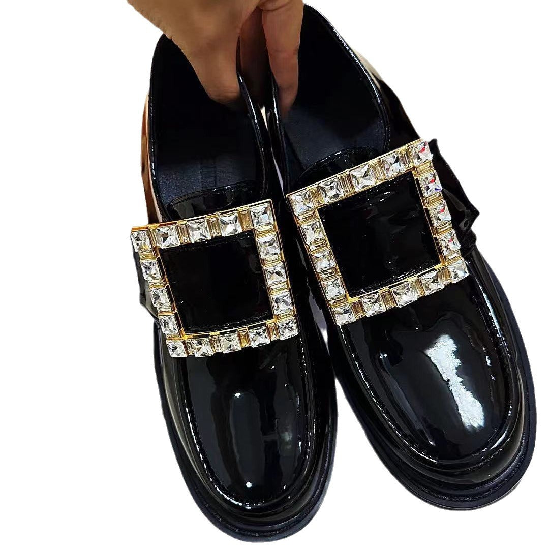 British Style Female Preppy Patent Square Buckle Loafers