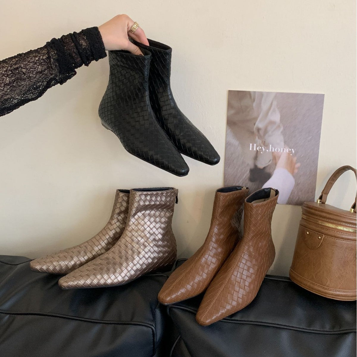 Women's Square Head Woven Loose Sleeve Wedge Short Boots