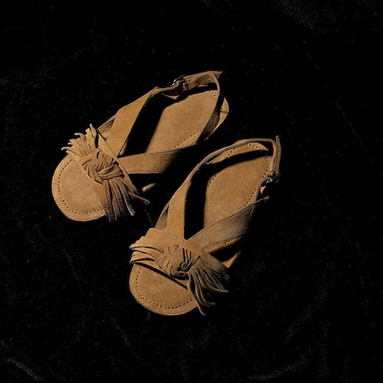 Style First Layer Frosted Cow Suede Handmade Knot Tassel Bottom Flat Sandals