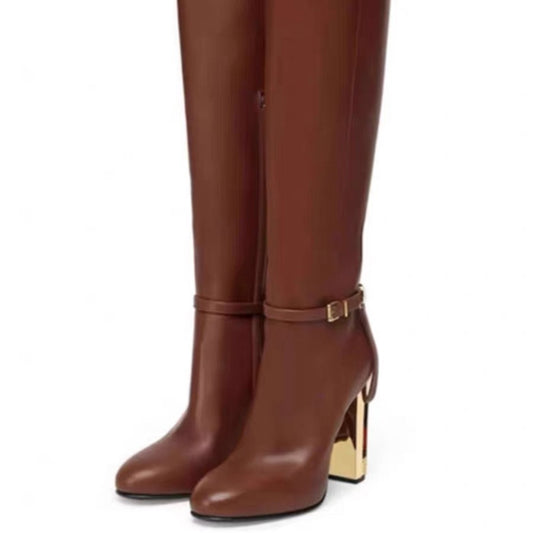 Women's Color Matching Belt Buckle Side Zipper High Women's Leather Boots