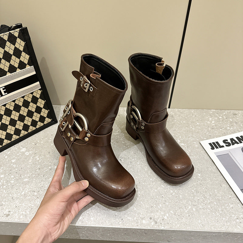 Brown Genuine Knee-high Square Head Sleeve Boots