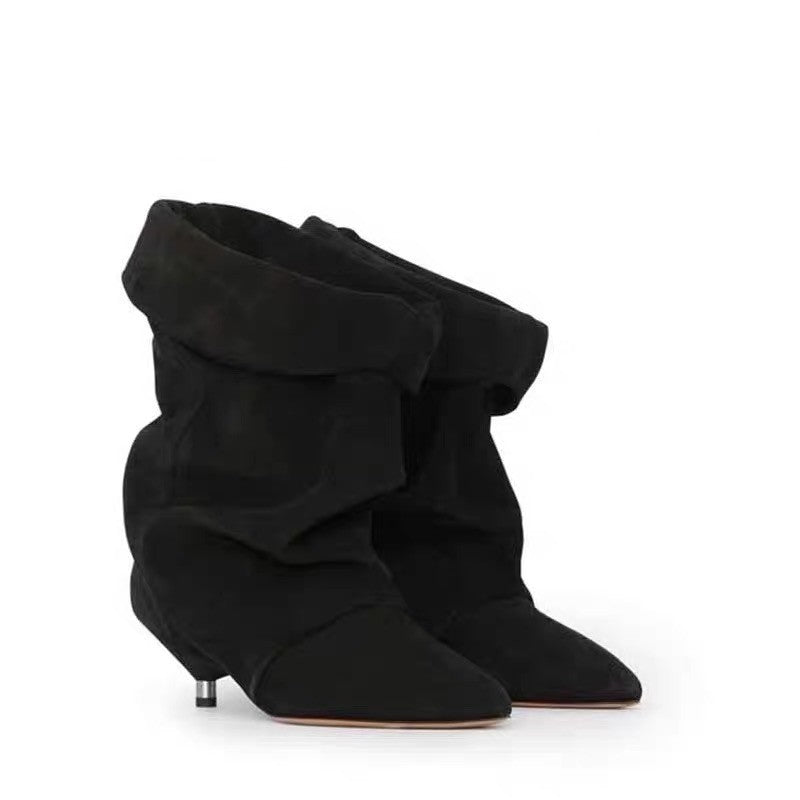 Women's Kitten Pointed Sleeve Pleated Suede Pile Style Large Size Wide Boots