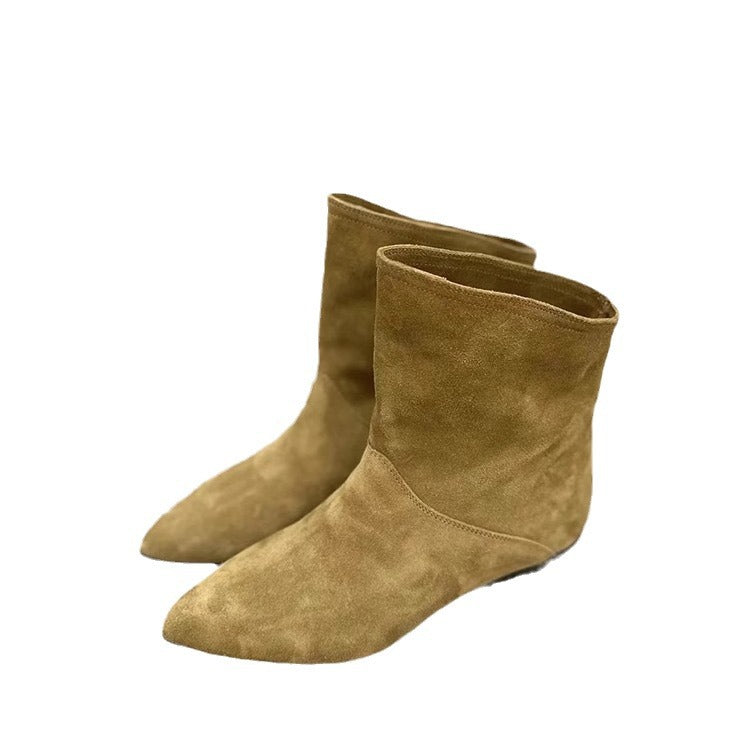 Women's Genuine Retro Oblique Wide Short Flat Pointed Western Cowboy Ankle Women's Leather Boots
