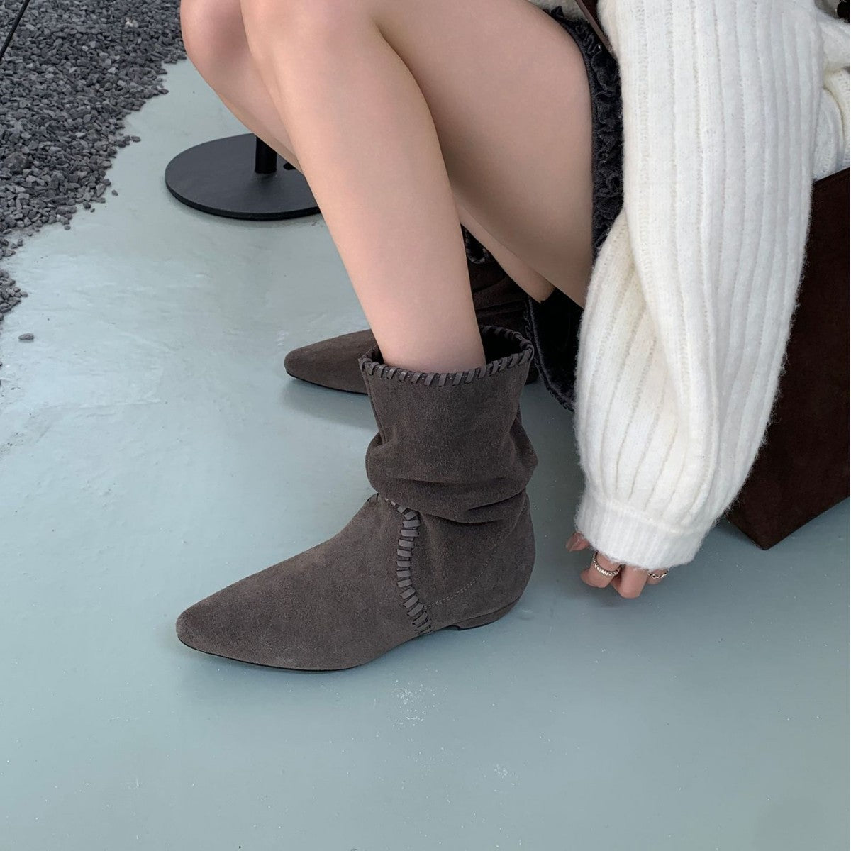 Women's Round Head Genuine Frosted Low-cut Woven Women's Leather Boots
