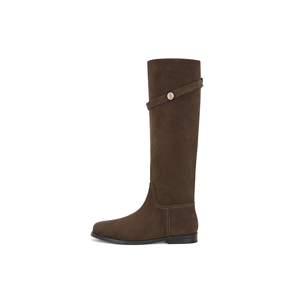 Su Korean Drama Female Owner Genuine Small Golden Button Thigh Women's Leather Boots