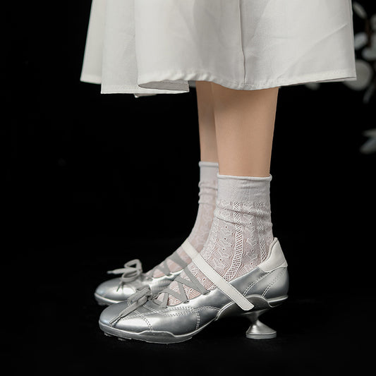 High-grade Sier Functional Sports Style Ballet Chunky French Pumps Design Women's Fashion Shoes