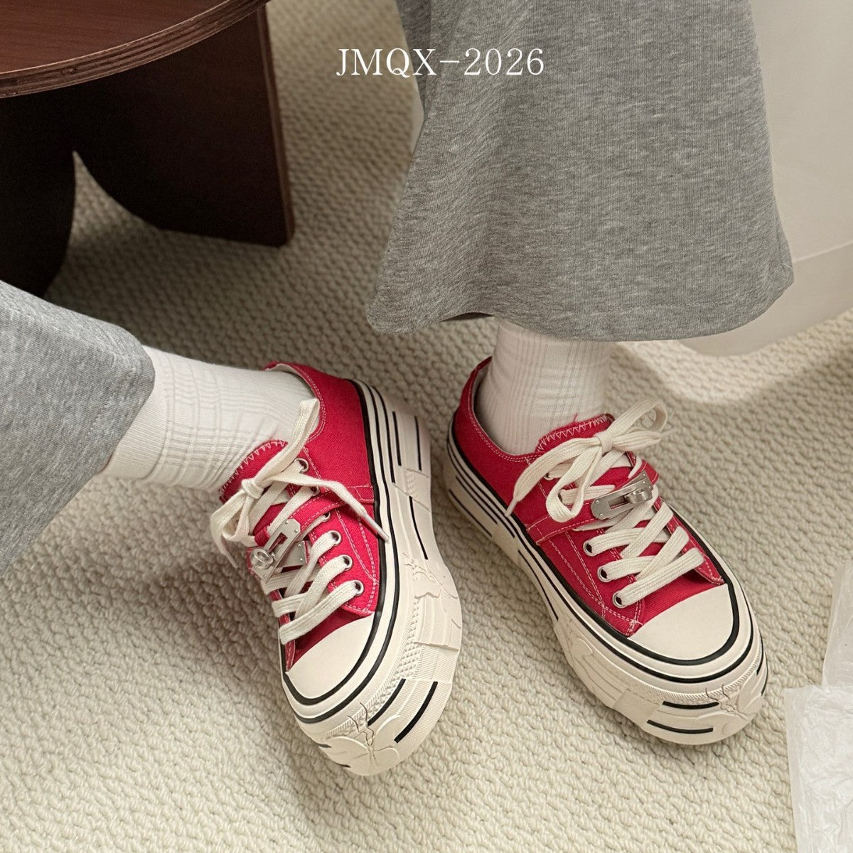 Women's Spring Red Black Double Color Lock Two-way Platform Canvas Shoes