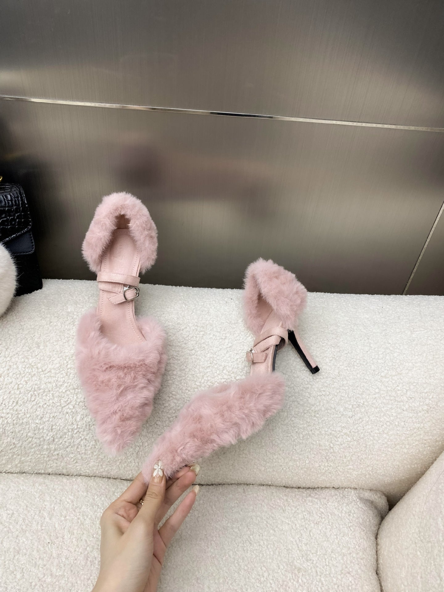 Women's Pointed Toe Stiletto Fashion Closed Fluffy Belt High Heeled Sandals