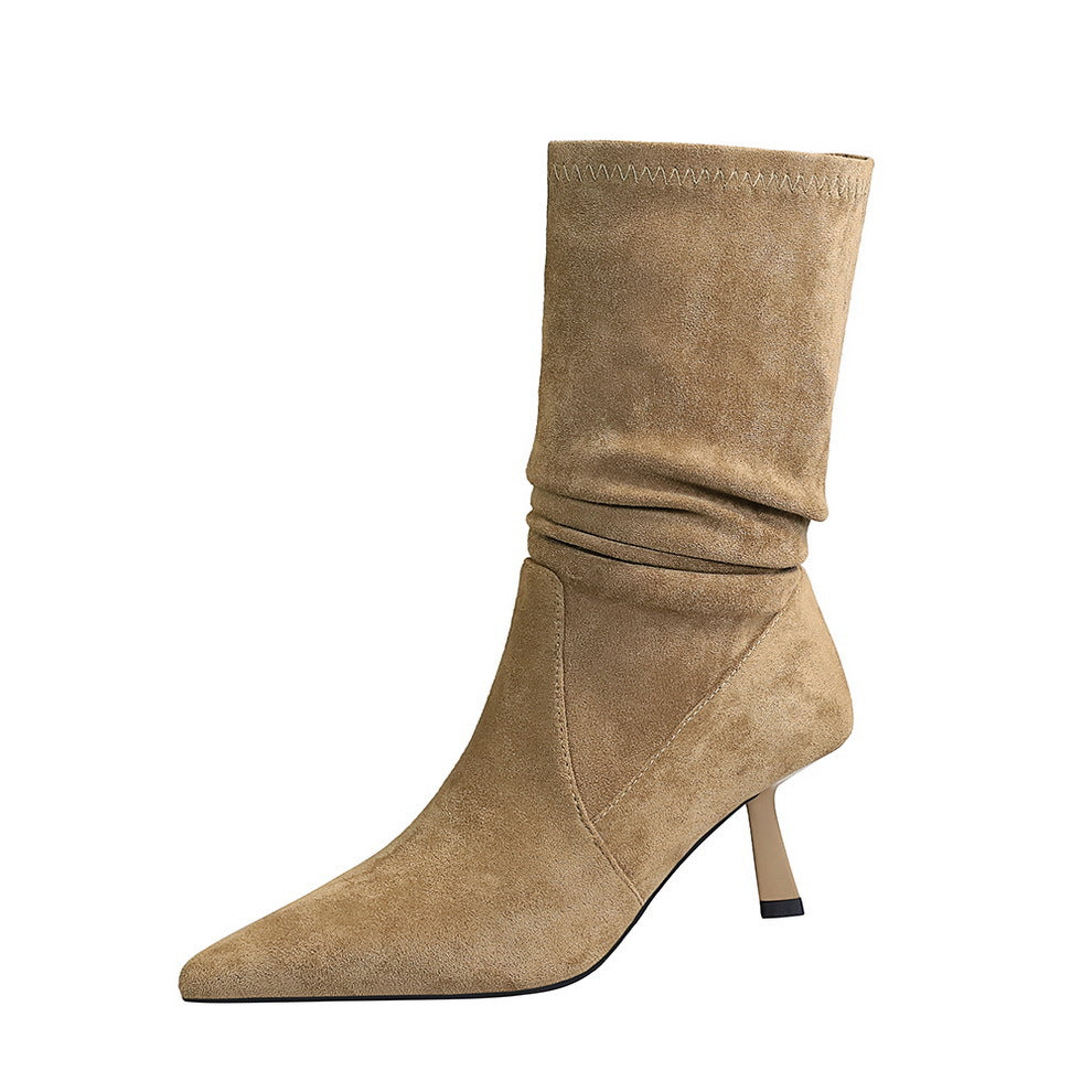 Women's Stretch Pleated Pile Style Stiletto Short Boots