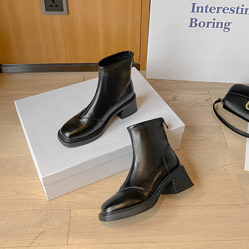 Women's Korean Elegant Back Zipper Square Toe Skinny Chunky Fashion Heels