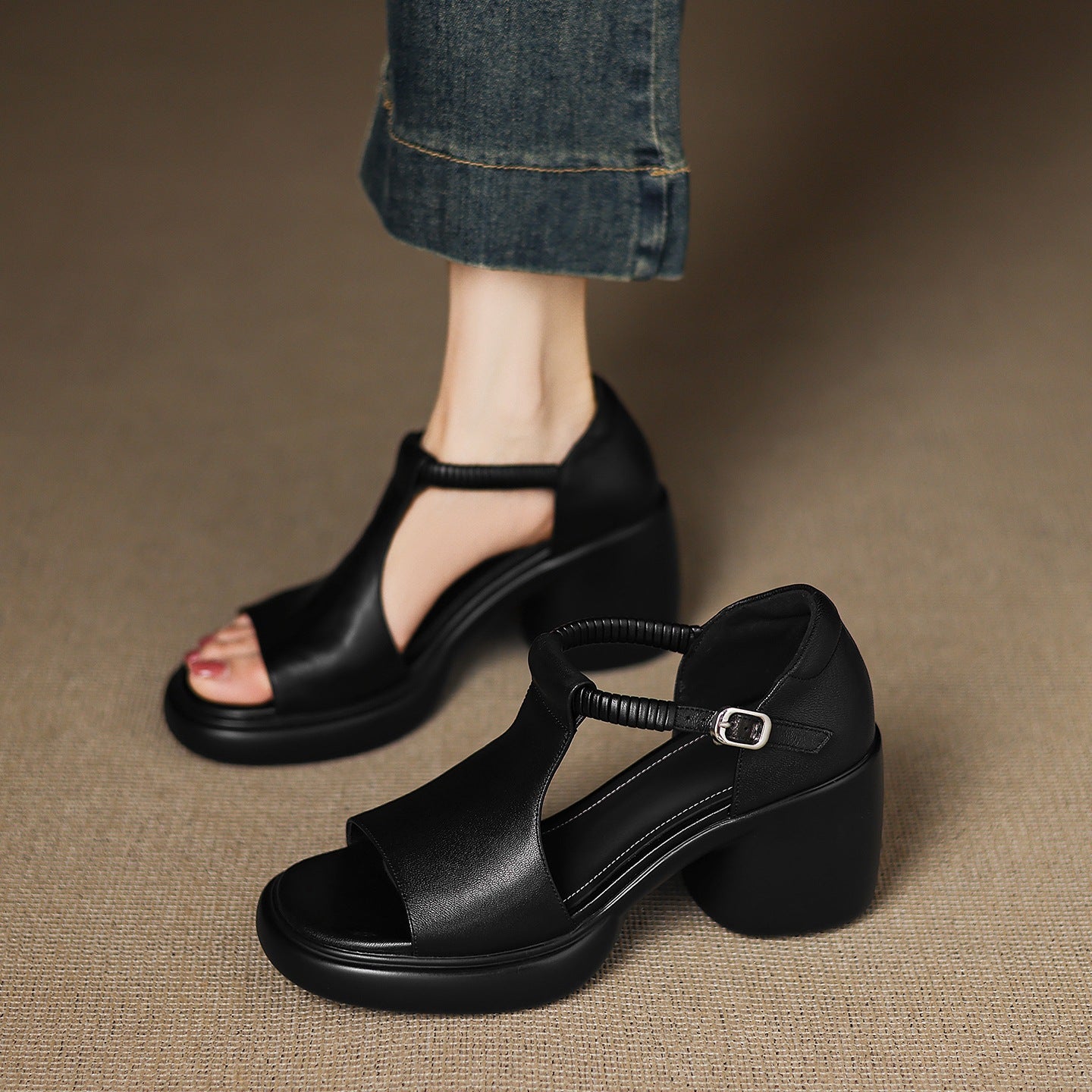 Women's Toe Sheepskin Chunky Summer Hollow Roman Word With High Heeled Sandals