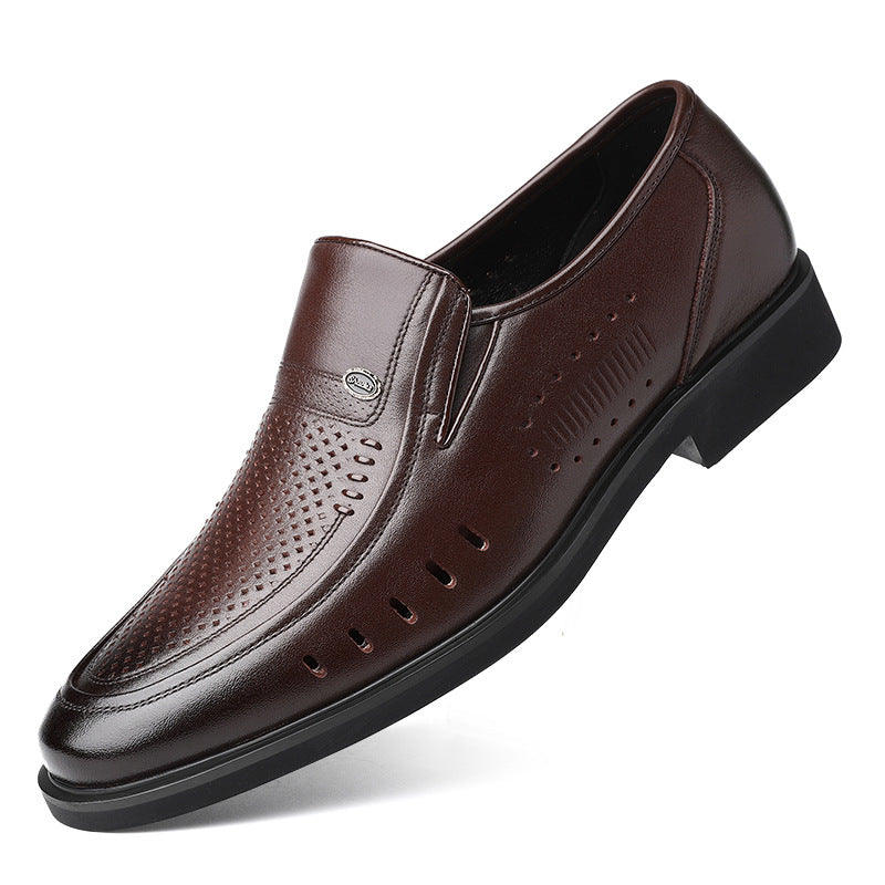 Men's Summer Cowhide Hollow Hole Business Dad Leather Shoes