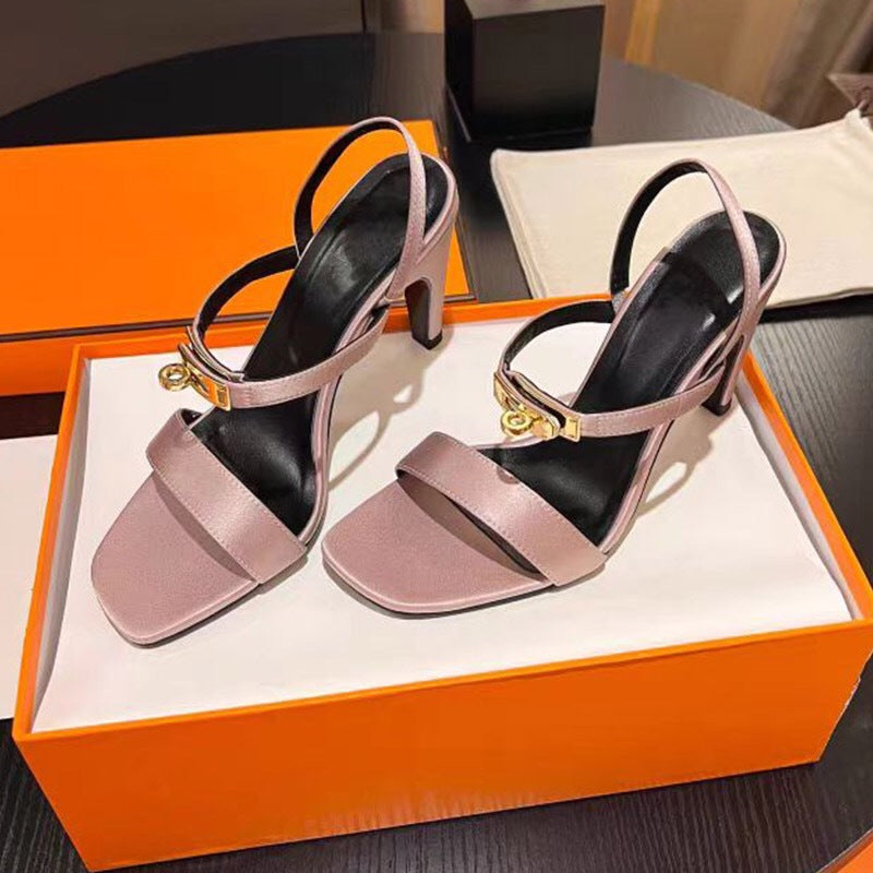 Women's Stiletto Square Toe Metal Button Buckle Satin High Heeled Sandals