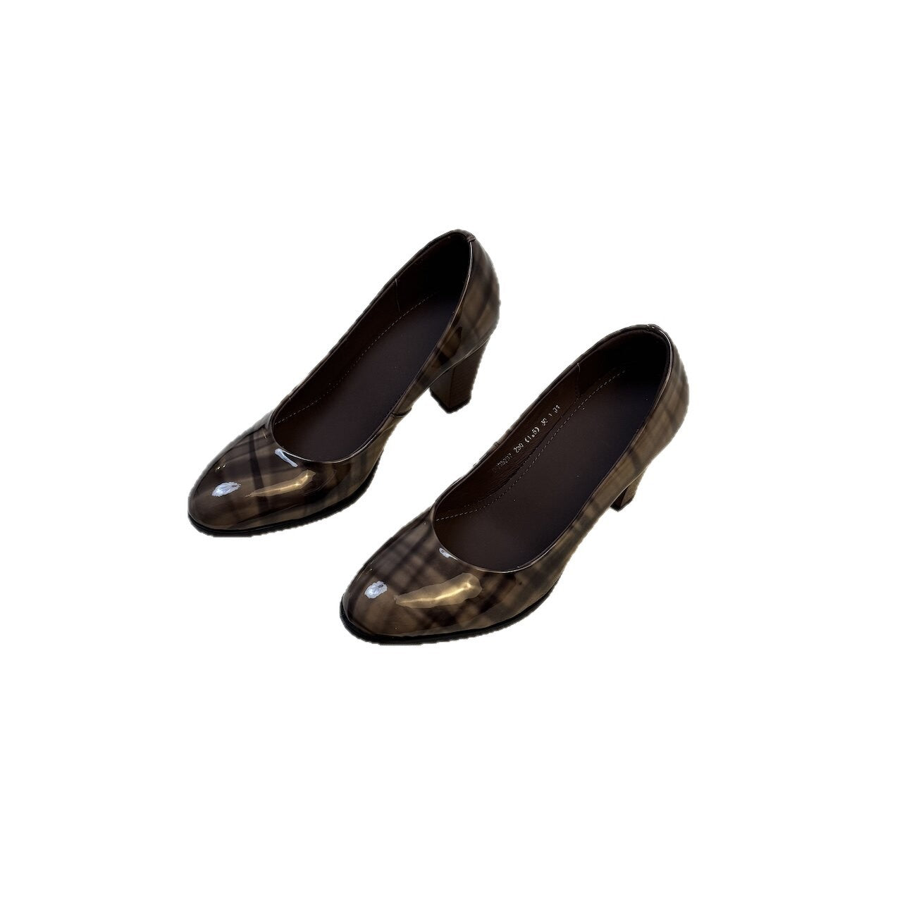 Pattern Brown Shiny Surface French Retro Chunky Round Head Shallow Women's Fashion Shoes