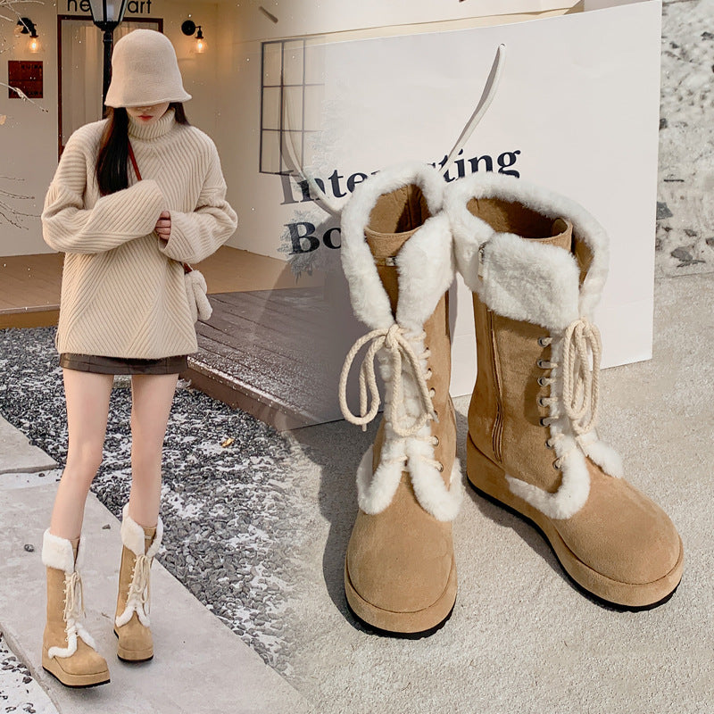 Women's Winter Retro Platform Fleece-lined Knight Thermal Middle Tube Snow Boots