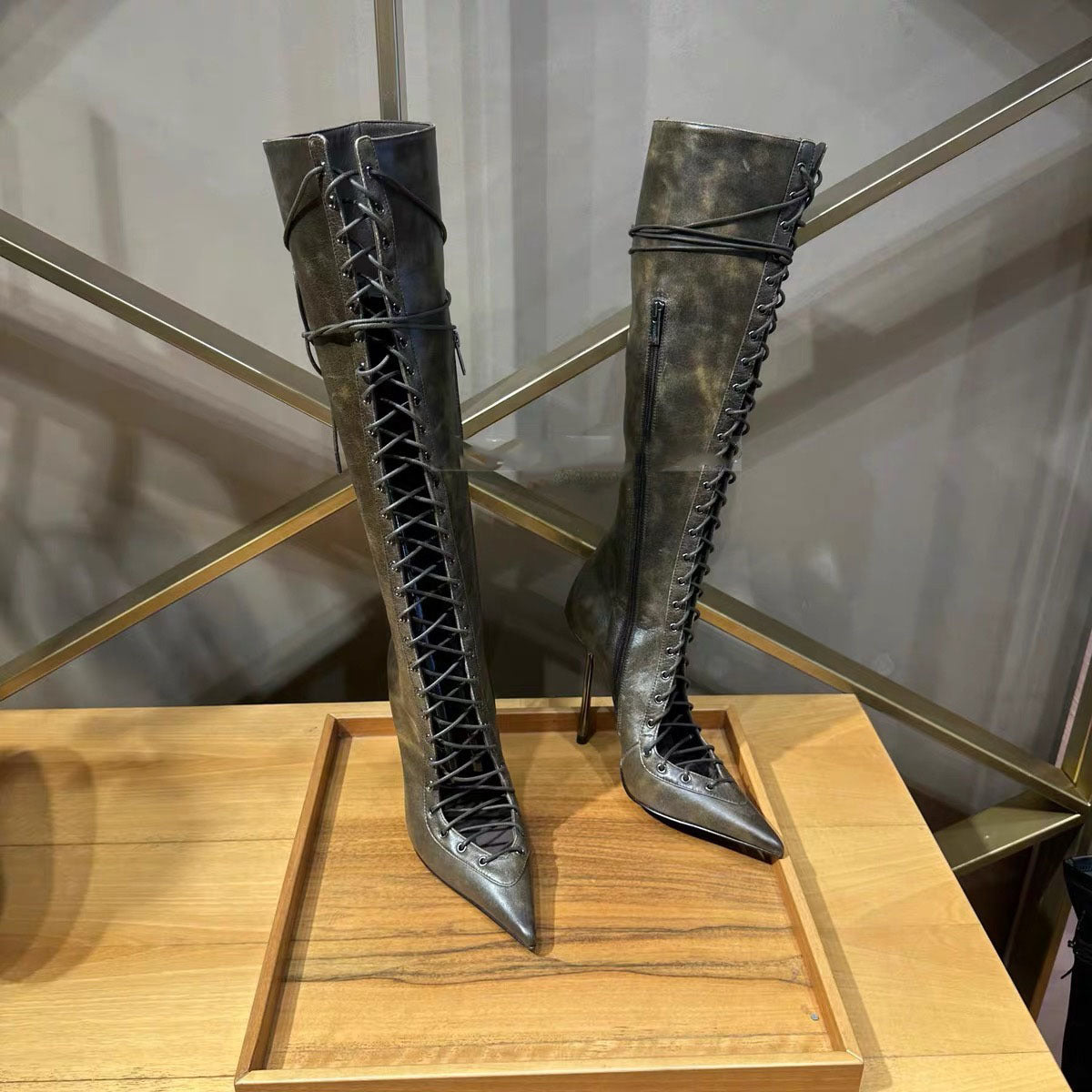 Women's Cutout Pointed Toe Stiletto High Leg Women's Leather Boots