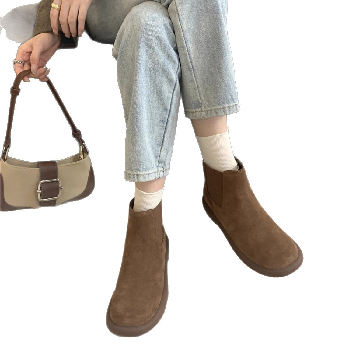 Women's Thick Bottom Retro Chelsea Sleeve British Women's Leather Boots